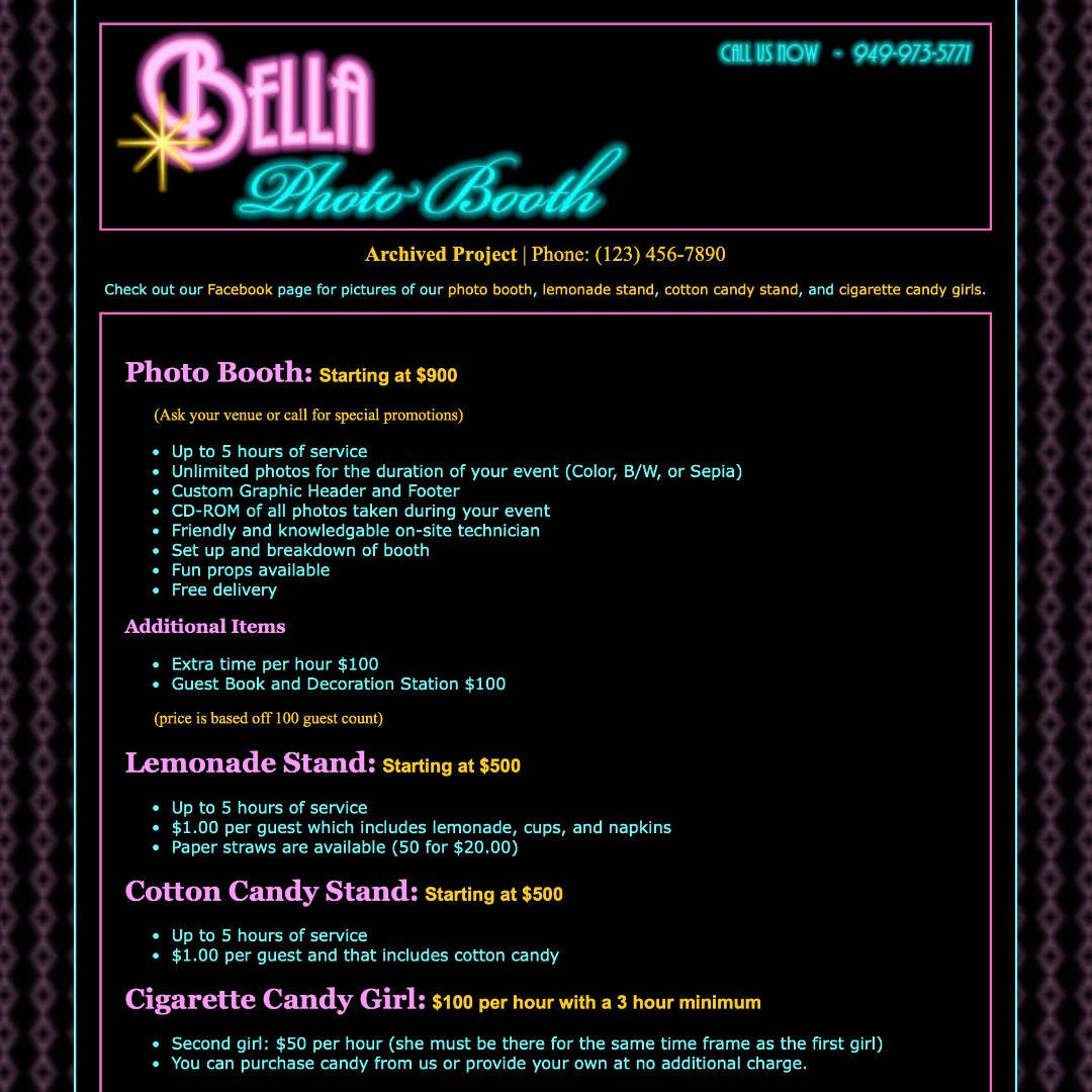Bella Photo Booth website homepage Neon