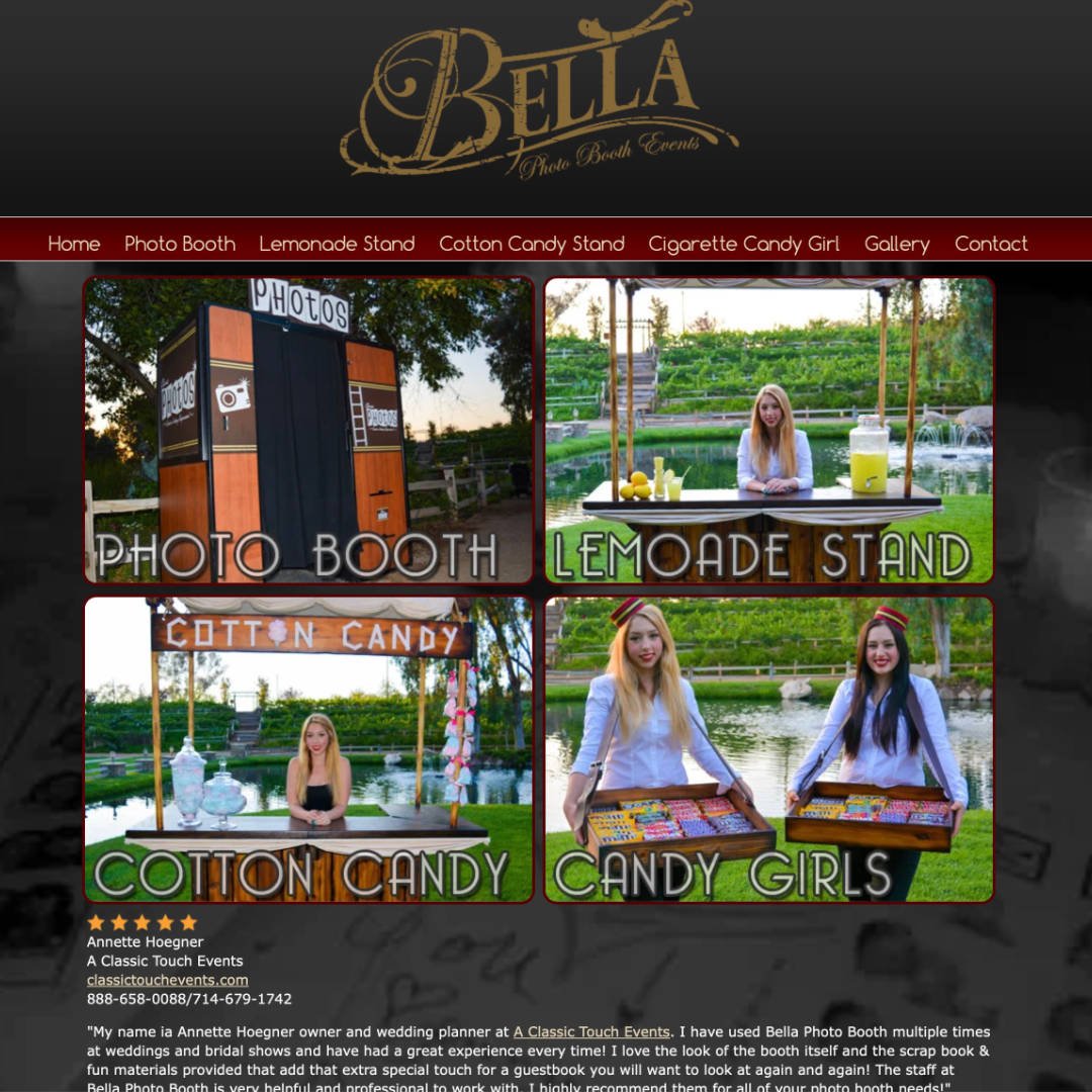 Bella Photo Booth website homepage 2016 Vintage