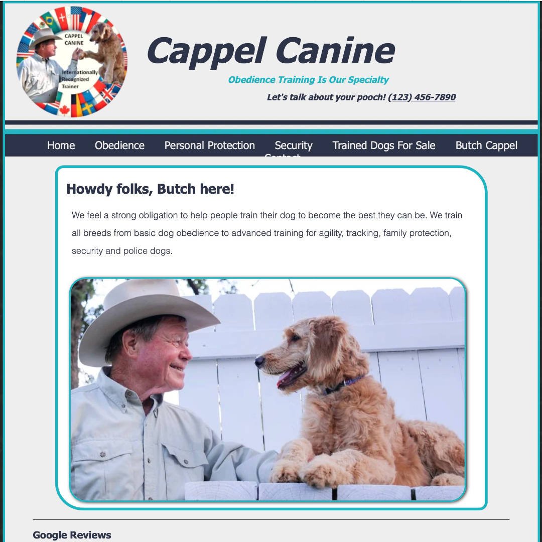 Cappel Canine 2022 website homepage featuring dog training