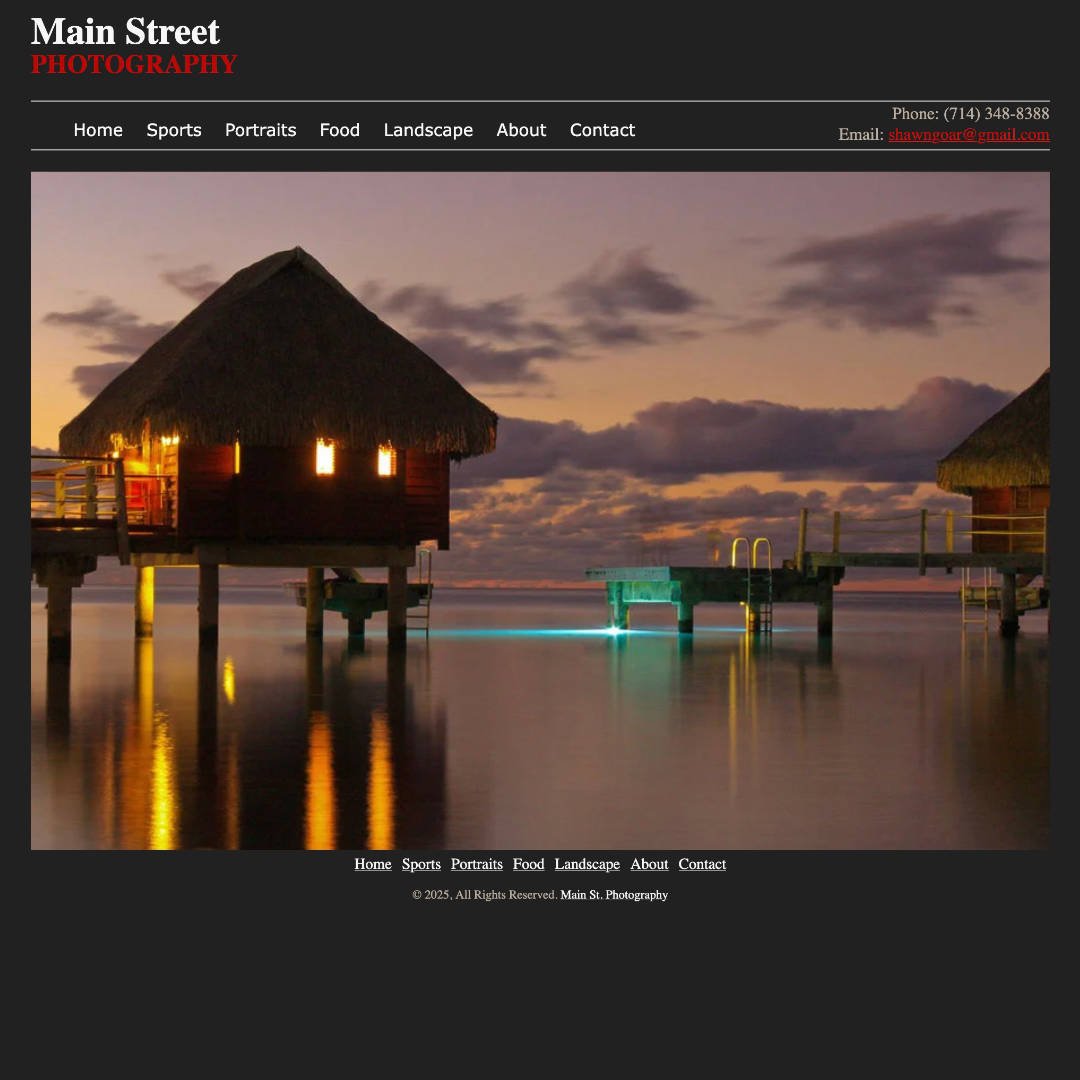 Main Street Photography website homepage showing photo gallery