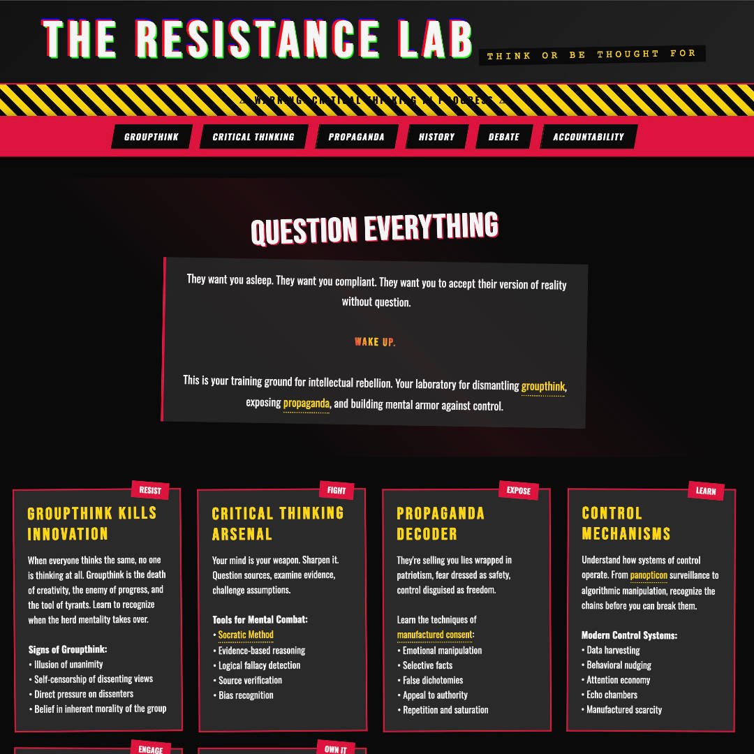 THE RESISTANCE LAB website homepage with punk aesthetic
