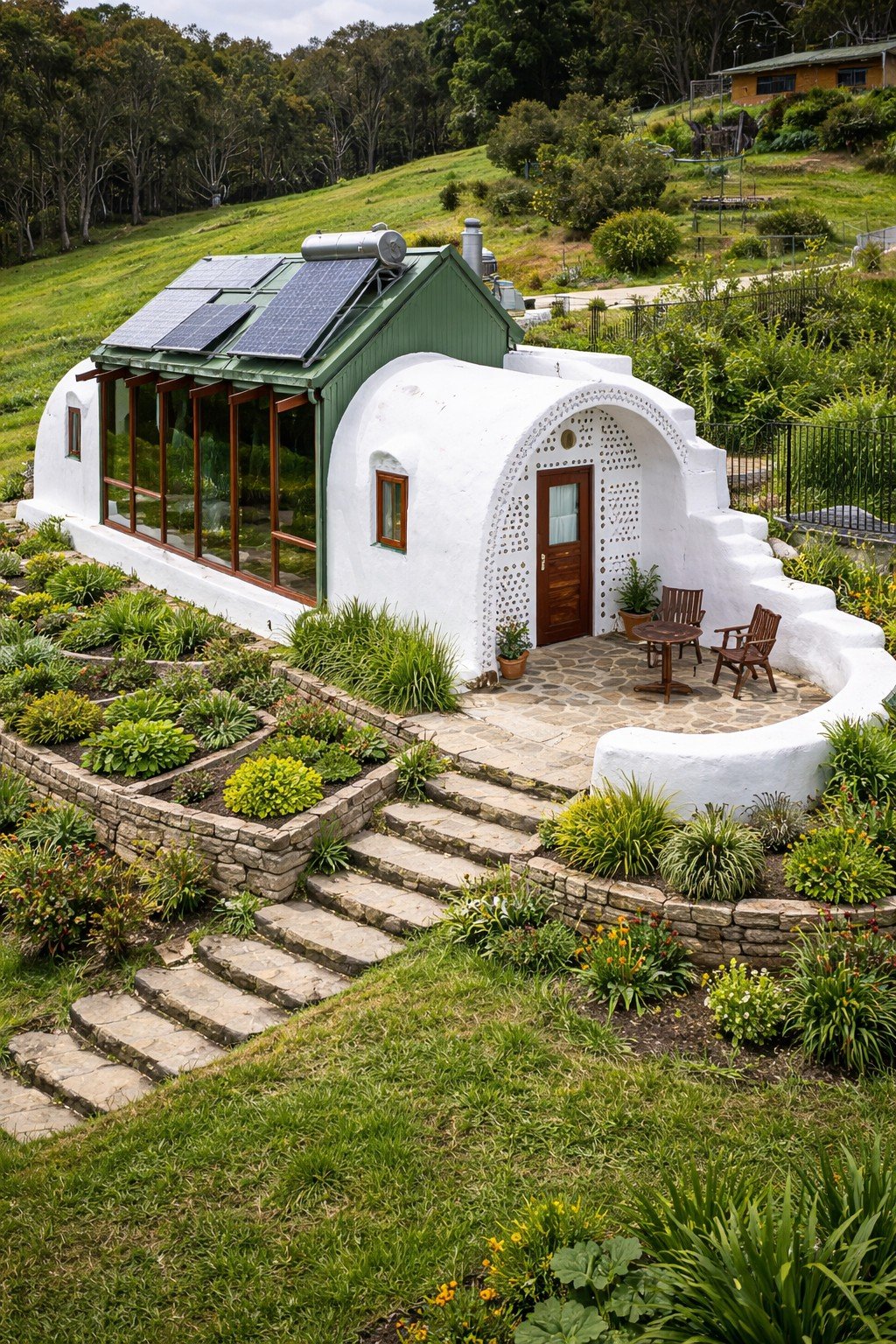 Earthship home exterior — rammed earth tire walls, south-facing glass facade, and organic roofline